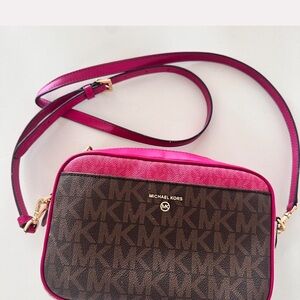 Michael Kors Fuchsia and Brown Logo Crossbody Bag